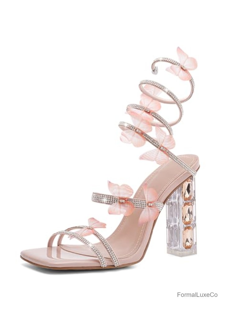 Square Toe Rhinestone Butterfly Prom Sandals Heels